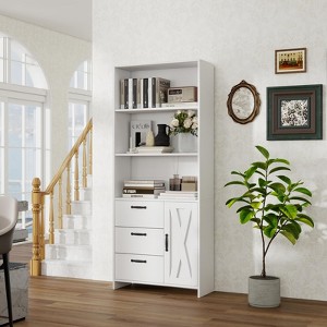 6-Tier Bookshelf with Door and 3 Drawers, 71" Tall Bookcase with 3-Tier Open Shelves, Wooden Book Shelf with Storage Cabinet - 1 of 4