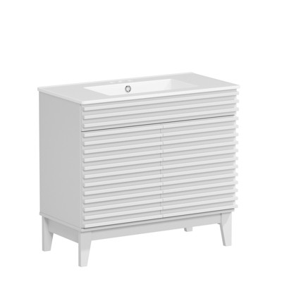 APRILSOUL  Bathroom Vanity, Mid-Century Bathroom Vanity with 2 Soft Closing Doors, Freestanding Bathroom with Wood Grain Laminate