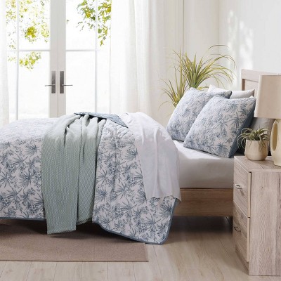 Blue Cotton Twin Reversible Quilt Set with Trim