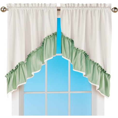 Collections Etc Elegant Lace Border Trim & Solid-Color Window Curtain Sage Swags