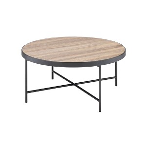 32" Round Coffee Table with Weathered Top and Dark Metal Crossbar Base, Ideal for Living Room - 1 of 4