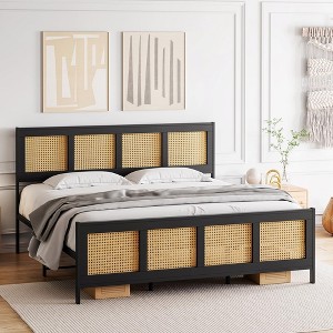 Whizmax Four Size Bed Frame with Rattan Headboard and Footboard, Rattan Platform Bed Frame, Mattress Foundation, No Box Spring Needed, Black - 1 of 4