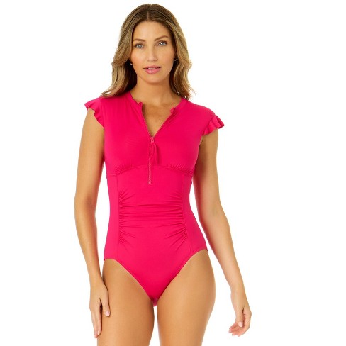 Anne Cole Women's Live In Color Flutter Sleeve Zip Up Rash Guard One Piece  Swimsuit - Magenta 14