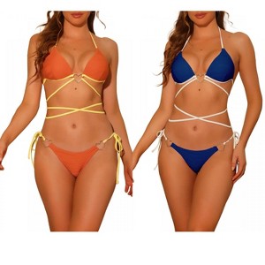 Elerevyo Women's Heart Ring Halter Contrast Color Lace Up Ribbed Swimwear Bathing Suits 2 Sets - 1 of 4