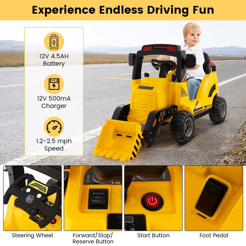 Costway 12V Kids Ride On Construction Tractor with Horn & Music & Tail LED Lights Yellow, 5 of 11