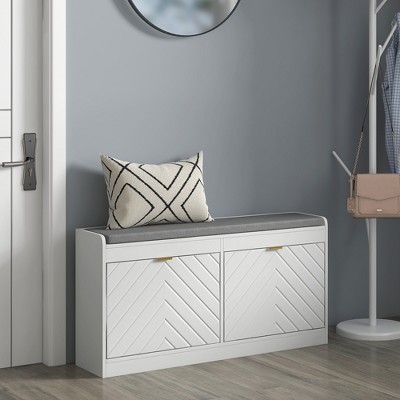 White MDF Shoe Bench with Storage and Cushion