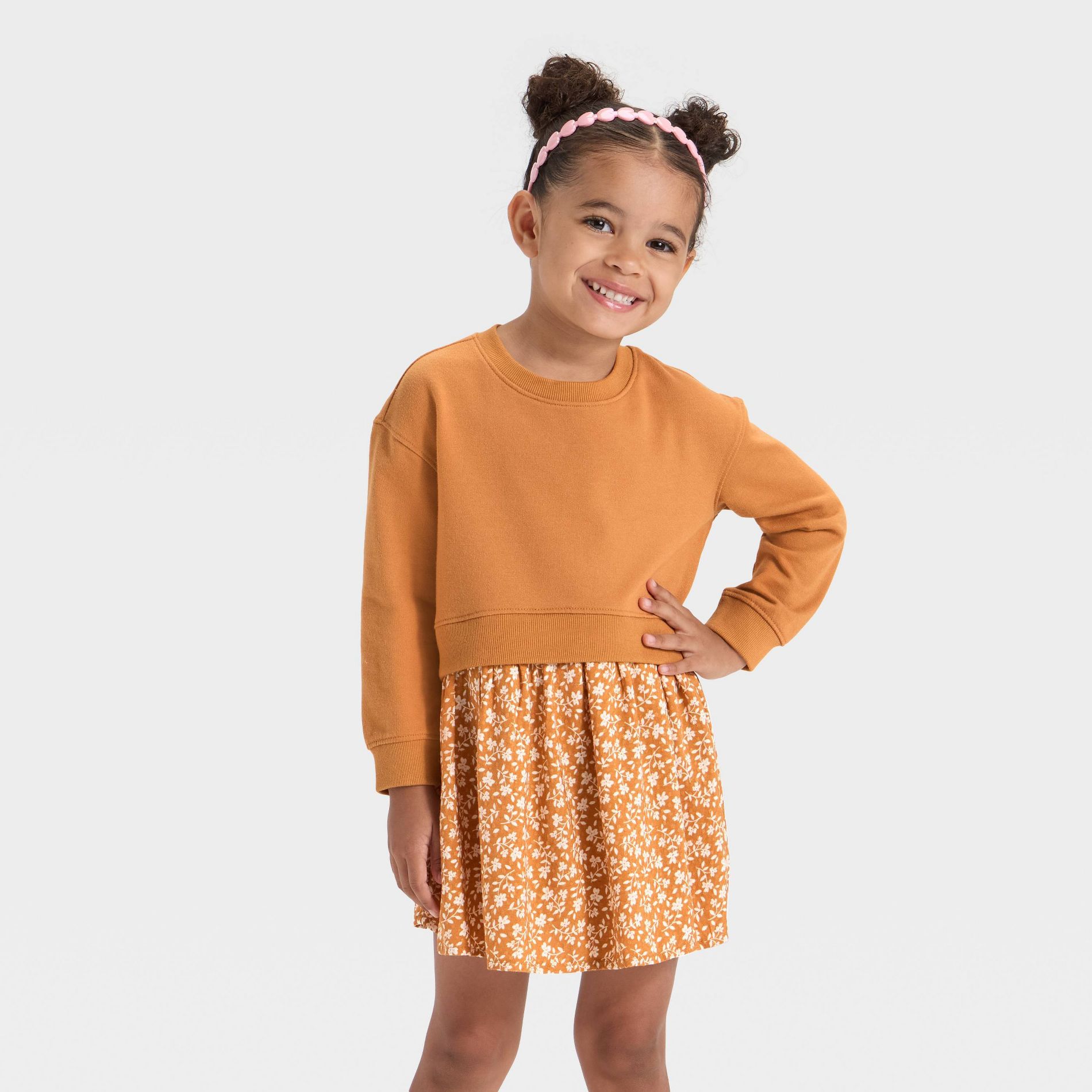Toddler Girls' French Terry Woven Dress - Cat & Jack™ Dark Mustard Yellow 3T