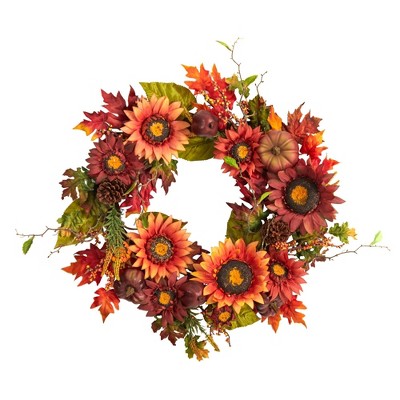 Nearly Natural 24” Autumn Sunflower, Pumpkin, Pinecone and Berries Fall Artificial Wreath
