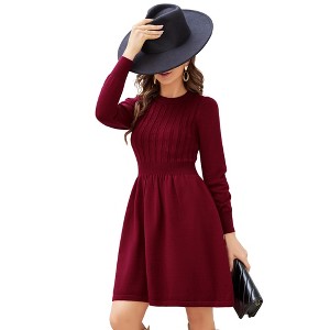 Clearlove Womens A-Line Sweater Dress Long Sleeve Casual Knitted Crew Neck High Waist Flowy Ruffled Mini Dress - 1 of 4