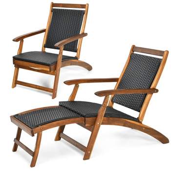 Tangkula 2PCSPatio Folding Rattan Chaise Lounge Chair Acacia Wooden Frame W/ Retractable Footrest for Poolside&Patio