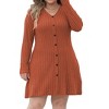 Women's Plus Size V-Neck Mini Dress A-Line Button Detail Ribbed Knit Stretch Long Sleeve Dresses - 3 of 4