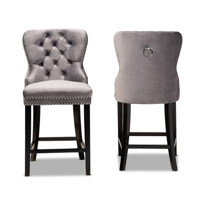 Gray Velvet and Dark Brown Wood Quilted Counter Stools, Set of 2