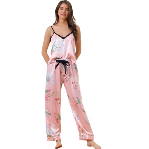 cheibear Women's Floral Satin Lace Trim Cami Top with Long Pants 2 Pieces  Pajama Sets Pink X-Small