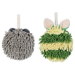 REGALWOVEN 2 Packs Fluffy Chenille Rabbit Shape Cute Soft Absorbent Hanging Ball Hand Towels 7" x 7" - 1 of 4