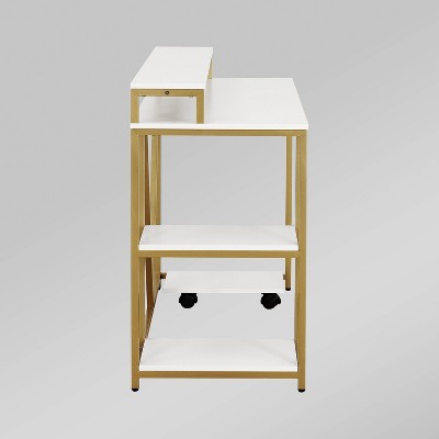 Modern Industrial Gold and Wood Writing Desk with Elevated Shelves