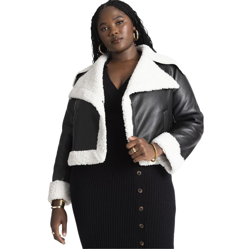 ELOQUII Women's Plus Size Short High Pile Fleece Moto Jacket, 1 of 2