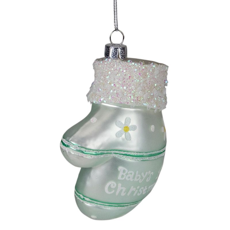 Northlight 4" Baby's 1st Christmas Mint Green Glass Mitten Holiday Ornament, 3 of 6