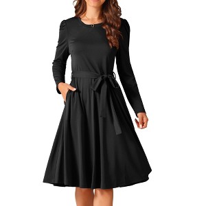 Seta T Women's Puff Long Sleeve Crewneck Knee Length Tie Waist Casual Dress with Pockets - 1 of 4