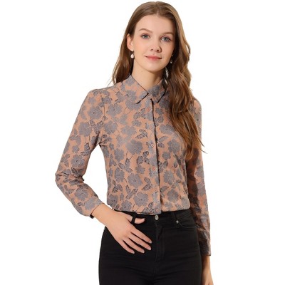 INSPIRE CHIC Women's Lace Floral Semi Sheer Work Button Down Collar Shirt