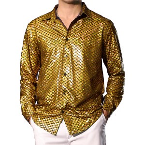 Lars Amadeus Men's Long Sleeves Party Nightclub Patterned Shiny Metallic Shirts - 1 of 4