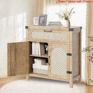 Living Room Rattan Cabinet w/ Drawer, Sideboard w/ Synthetic Rattan-Accent Doors, Adjustable Shelves, Buffet Cabinet - 1 of 4