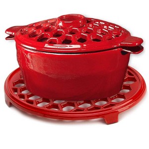 Plow & Hearth 1.5 QT. Cast Iron Lattice Wood Stove Steamer and Trivet Set, in Red - 1 of 2