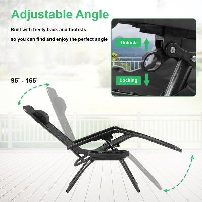 Black Steel Zero Gravity Reclining Outdoor Lounge Chairs with Cup Holder, Set of 2