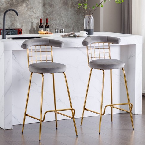 Bar Stool Set of 2 Luxury Velvet Bar Stool with Metal Legs and Soft Back Gray ModernLuxe