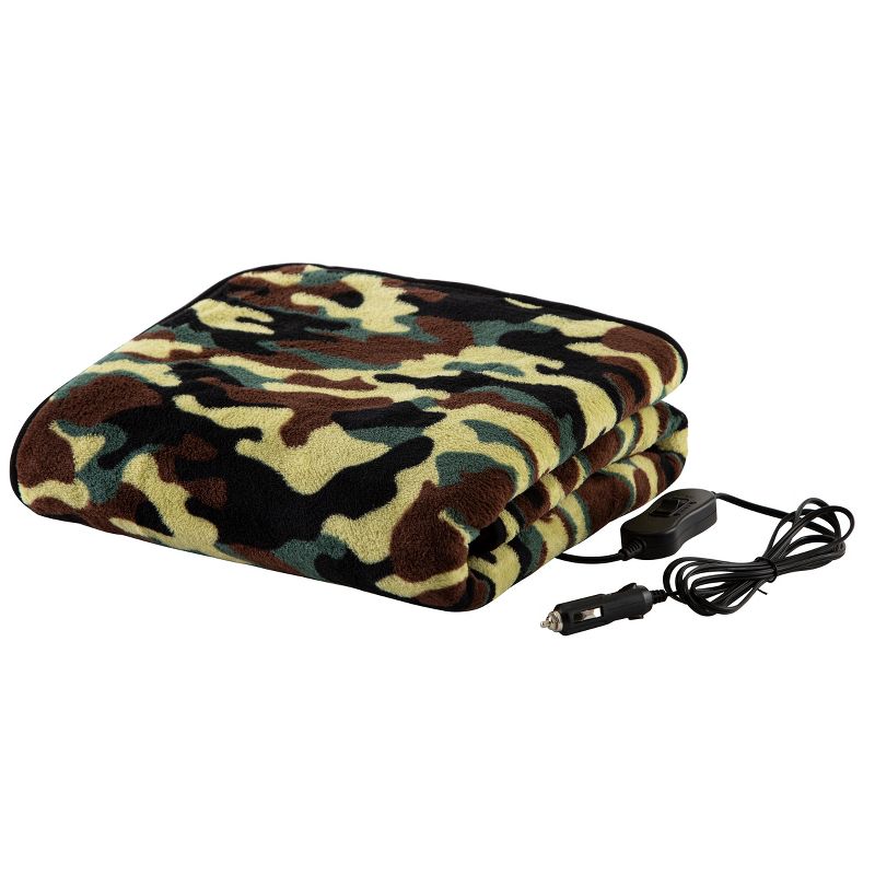 Heated Blanket - Ultra Soft Fleece Throw Powered by 12V Auxiliary Power Outlet for Travel or Camping - Winter Car Accessories by Stalwart (Green Camo), 1 of 13