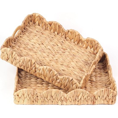 BRINJOY 2-Piece Water Hyacinth Tray Set - Handwoven Scalloped Edge Trays with Handles (17" & 15.5" Rectangular Storage Baskets)
