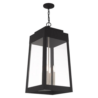 Sleek Tapered Black Brass Outdoor Pendant with Clear Glass Panels