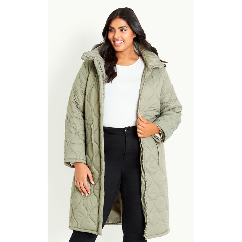 Women's Plus Size Quilted Hood Coat - Green | EVANS, 1 of 9