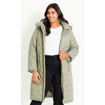 Women's Plus Size Quilted Hood Coat - Green | EVANS