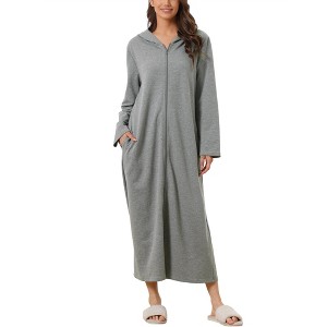 cheibear Women's Zip Up Sweatshirt Robe Hooded Long House Coat Bathrobe Fall Winter - 1 of 4