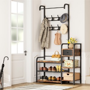 Coat rack with shoe rack, shoe rack with bench, coat rack, shoe rack with 8 hangers and drawers, clothes rack for hallway bedroom - 1 of 4