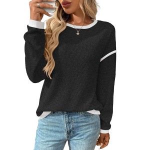 Coolmee Women's Sweaters Crewneck Long Sleeve Tops Color Block Ribbed Trim Fashion Sweaters - 1 of 4