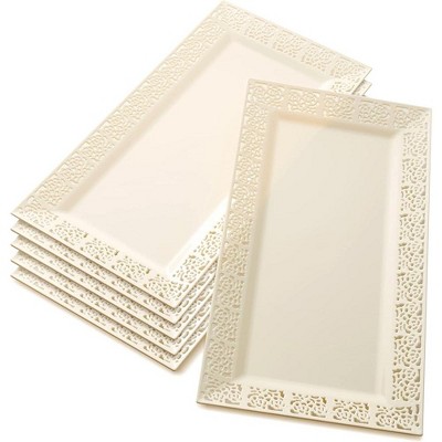 Silver Spoons Elegant Lace Plastic Serving Trays, Disposable Plastic Trays and Platters for Party, 14” x 7.5”, (6 PC)