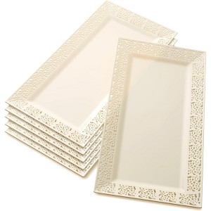 Silver Spoons Elegant Lace Plastic Serving Trays, Disposable Plastic Trays and Platters for Party, 14” x 7.5”, (6 PC) - 1 of 3