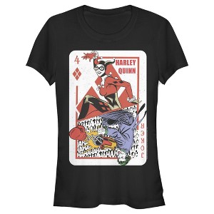 Juniors Womens Batman Harley Quinn Joker Poker Card T-Shirt - 1 of 3