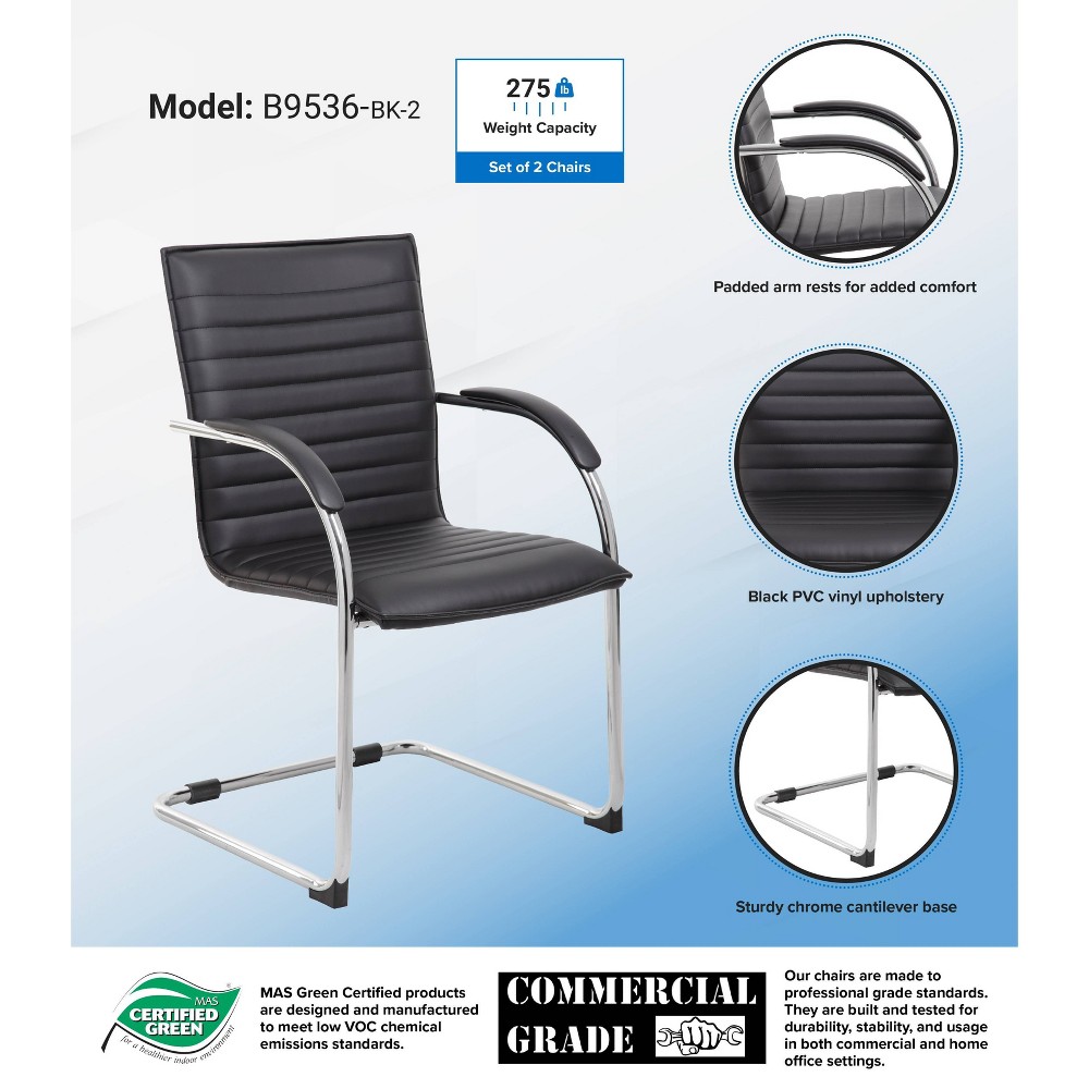 Photos - Computer Chair BOSS Set of 2 Vinyl Side Chair Black/Chrome -  Office Products: Upholstered Office Guest Chairs, Fixed Arms 