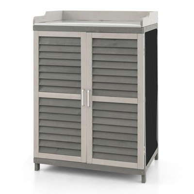 Tangkula Wooden Garden Potting Bench Table Outdoor Storage Cabinet with Metal Plated Tabletop 2 Storage Shelves