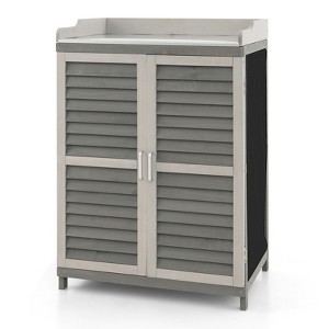 Tangkula Wooden Garden Potting Bench Table Outdoor Storage Cabinet with Metal Plated Tabletop 2 Storage Shelves - 1 of 4