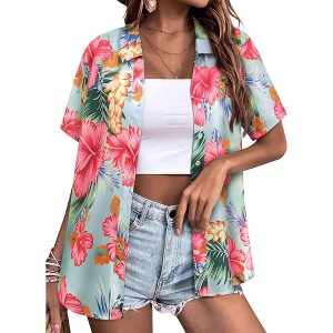 Nlife Womens Button Down Hawaiian Shirts Short Sleeve Floral Print Summer V Neck T-Shirt Casual Summer Beach Blouses Tops - 1 of 4