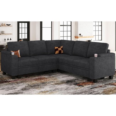 Belffin L-Shaped Fabric Sectional Couch - Modular Design with Hidden Storage & Removable Cup Holder