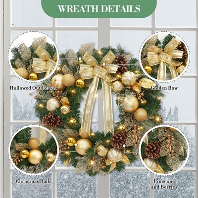 coucheta Pre-Lit Christmas Wreath with Bowknot, Ribbons, Artificial Holiday Xmas Decoration for Fireplace Window Wall with Pine Cones, Berries