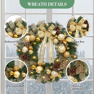 coucheta Pre-Lit Christmas Wreath with Bowknot, Ribbons, Artificial Holiday Xmas Decoration for Fireplace Window Wall with Pine Cones, Berries - 1 of 4