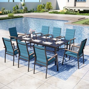 Captiva Designs 9pc Patio Dining Set with Slat-top Adjustable Steel Rectangle Table & Textilene Aluminum Chairs - 1 of 4
