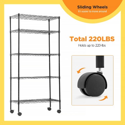 Black Heavy Duty 5-Tier Metal Wire Shelving Unit with Wheels