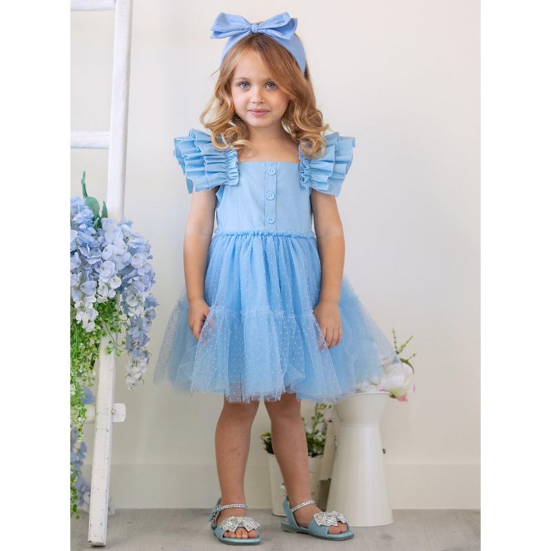 Girls Springtime Sky Blue Ruffle Sleeve Tulle Dress - Mia Belle Girls, 3 of 5