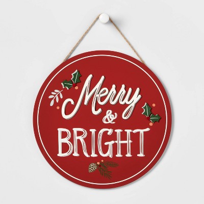 Photo 1 of  3 pck Wood Round &#39;Merry &#38; Bright&#39; Hanging Sign 